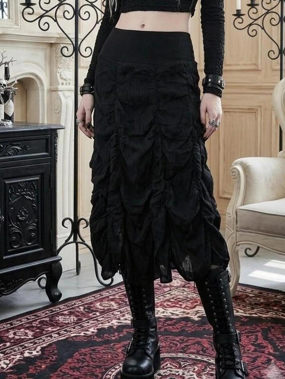 Solitaire Black Ruched Midi Skirt 100%Cotton Size L